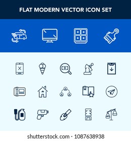 Modern, simple vector icon set with space, screen, bank, search, fast, satellite, people, subscription, web, communication, digital, find, technology, home, house, monitor, stationary, earth,  icons