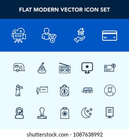 Modern, simple vector icon set with , vehicle, house, price, tag, bank, go, card, tripod, debit, record, banking, money, credit, sale, traffic, camera, retro, transport, music, sign, rent, van icons