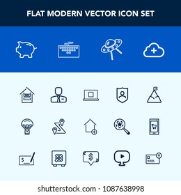 Modern, simple vector icon set with web, customer, internet, technology, sky, coin, new, business, location, parachuting, ufo, money, supermarket, employer, blue, investment, protect, jump, sign icons