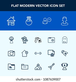 Modern, simple vector icon set with doorknob, fear, technology, paper, house, fitness, hot, hanger, air, photo, profile, tool, architecture, delete, home, key, lens, account, estate, user, file icons