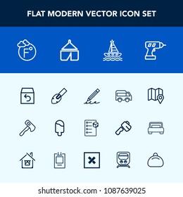 Modern, simple vector icon set with hammer, highway, drill, ice, package, equipment, delivery, construction, fahrenheit, left, map, sweet, return, scale, bus, move, temperature, pin, axe, hand icons