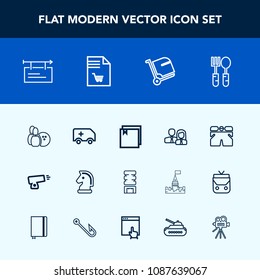 Modern, simple vector icon set with business, drink, container, ball, blank, gun, chessboard, shorts, template, staff, team, restaurant, cold, cooler, bowling, sign, worker, billboard, white icons