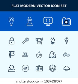Modern, simple vector icon set with food, planet, photographer, laptop, map, water, location, pc, camera, security, spanner, space, repair, wrench, pool, post, woman, summer, bikini, computer icons