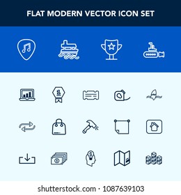 Modern, simple vector icon set with change, winner, laptop, surf, chart, first, buy, surfer, shovel, marine, white, friction, replace, sea, computer, substitute, music, sale, guitar, musical icons