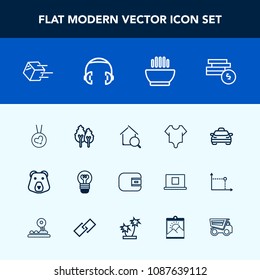 Modern, simple vector icon set with lamp, dish, hot, purse, estate, lightbulb, tree, package, food, environment, girl, grizzly, wallet, bodysuit, money, fashion, transportation, model, business icons