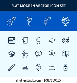 Modern, simple vector icon set with nature, music, wallet, tree, forest, bubble, pen, sign, landscape, document, global, business, new, television, cable, message, guitar, white, cardboard, chat icons