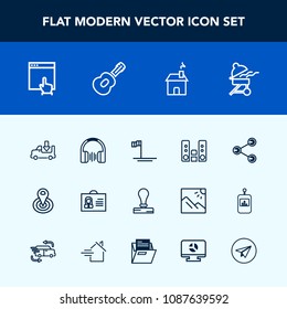 Modern, simple vector icon set with barbecue, cooking, stamp, shipping, building, envelope, point, play, location, lorry, mouse, transport, sound, center, internet, profile, transportation, home icons