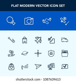 Modern, simple vector icon set with aircraft, down, up, airplane, transportation, technology, camera, chat, position, home, money, fish, downstairs, finance, fishing, destination, photo, travel icons