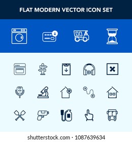 Modern, simple vector icon set with cooking, equipment, laboratory, clock, kitchen, web, stereo, voice, sack, apartment, way, direction, oven, audio, favorite, sign, research, arrow, dumper, bag icons