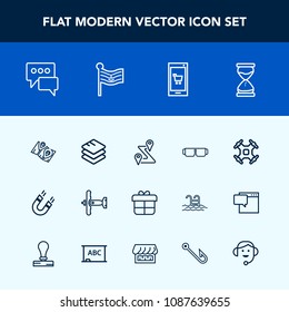 Modern, simple vector icon set with bubble, science, technology, sand, war, hour, field, gift, clock, speech, online, sun, route, military, helicopter, holiday, road, business, location, travel icons