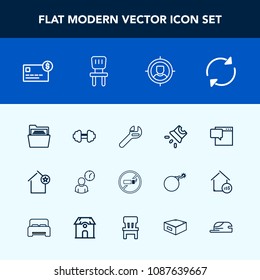 Modern, simple vector icon set with clock, message, file, refresh, paper, sign, sport, house, chat, workout, addiction, reload, office, gym, wrench, home, credit, tobacco, folder, balance, time icons