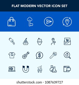 Modern, simple vector icon set with technology, musical, list, location, retail, , email, circle, navigation, receipt, internet, rocket, guitar, craft, wc, lock, space, fashion, communication icons