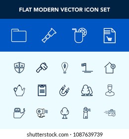 Modern, simple vector icon set with beach, location, home, pole, axe, tea, screwdriver, baja, list, office, box, map, protection, science, hot, cocktail, package, shipping, delivery, ocean, pin icons