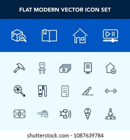 Modern, simple vector icon set with real, button, presentation, chair, estate, interior, finance, find, magnifying, shovel, people, care, interface, construction, video, science, money, brush icons