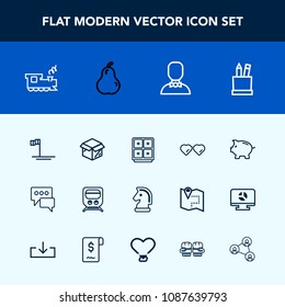 Modern, simple vector icon set with train, coin, pencil, stationery, male, internet, new, safe, cardboard, sunglasses, profile, pear, unpacking, investment, travel, railway, chess, blue, message icons