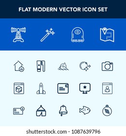 Modern, simple vector icon set with map, star, camera, science, alien, photo, online, wildlife, house, business, space, launch, pin, money, monster, dollar, estate, music, delivery, real, care icons