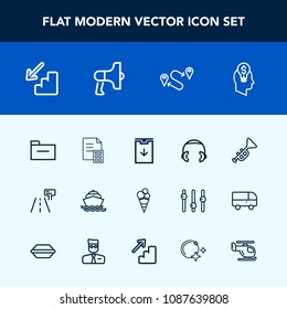 Modern, simple vector icon set with boat, finance, music, idea, dessert, cream, travel, file, food, folder, concept, yacht, banking, point, position, upstairs, white, sweet, destination, trumpet icons