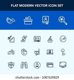 Modern, simple vector icon set with conference, thermometer, mask, canoe, truck, jazz, book, video, addiction, address, musical, interface, search, water, office, bugle, player, down, up, sign,  icons
