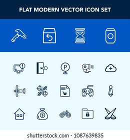 Modern, simple vector icon set with sand, clock, monitor, door, global, female, container, shopping, market, internet, supermarket, equipment, white, warning, communication, technology, car, fan icons