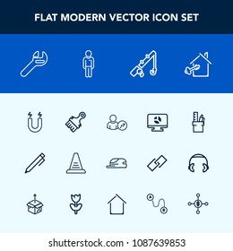 Modern, simple vector icon set with fish, infographic, spanner, chart, web, cap, male, education, magnetic, home, step, template, pen, finance, field, work, pole, up, key, business, , boy, hat icons