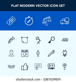 Modern, simple vector icon set with electricity, lorry, jazz, light, boy, bus, human, play, musical, row, avatar, stick, interior, vehicle, security, male, bugle, trumpet, note, weight, laundry icons