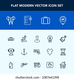 Modern, simple vector icon set with achievement, checklist, award, web, avatar, winner, location, baggage, music, helm, paintbrush, sea, boat, sound, work, road, house, bag, headset, yacht, buy icons