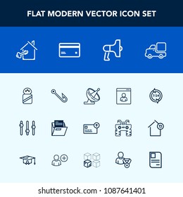 Modern, simple vector icon set with loud, profile, finance, salt, key, transportation, megaphone, house, file, fish, office, support, male, food, satellite, fishing, help, currency, speaker, rod icons