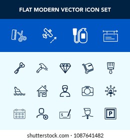 Modern, simple vector icon set with key, professional, house, water, paint, billboard, safety, emergency, fashion, hairdresser, luggage, bag, baggage, hair, salon, fire, equipment, banner, brush icons