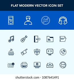 Modern, simple vector icon set with musical, people, office, lunch, finger, online, note, mobile, sign, sound, paper, direction, protection, help, blank, tomato, escape, bread, service, headset icons