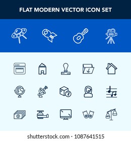 Modern, simple vector icon set with mobile, cell, home, bomb, space, weight, trash, food, world, falling, movie, musical, camera, spaceship, cooking, map, planet, kitchen, retro, nuclear, house icons