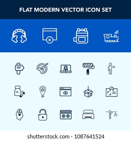 Modern, simple vector icon set with transport, hand, roll, white, window, railway, bag, video, arrow, rucksack, leather, pin, pointing, paint, instrument, communication, audio, headset, web, way icons