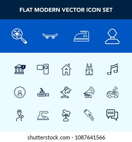 Modern, simple vector icon set with boat, magnifying, sea, architecture, male, interior, retro, wear, bank, movie, clothes, search, money, house, domestic, home, web, clothing, iron, table, note icons