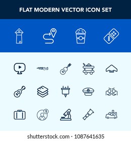Modern, simple vector icon set with sport, game, parachuting, food, information, technology, plug, room, coffee, electricity, sound, hotel, power, row, famous, cafe, sky, play, electric, domino icons