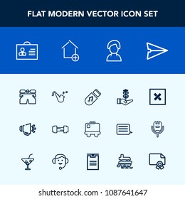 Modern, simple vector icon set with music, wear, storage, speaker, sound, shorts, loudspeaker, female, web, loud, internet, message, voice, house, property, life, musical, human, bugle, growth icons