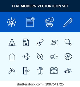 Modern, simple vector icon set with architecture, notebook, write, adventure, white, music, shovel, shopping, vintage, construction, pencil, search, market, find, jet, airplane, estate, display icons