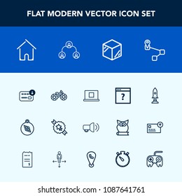 Modern, simple vector icon set with transportation, home, house, ribbon, rocket, business, internet, space, direction, finance, map, north, decorative, bike, megaphone, technology, architecture icons