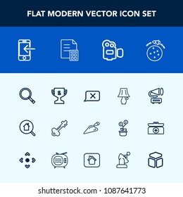 Modern, simple vector icon set with bulb, lamp, money, table, estate, achievement, transfer, handle, old, home, winner, mobile, door, business, phone, place, video, gramophone, online, film, key icons
