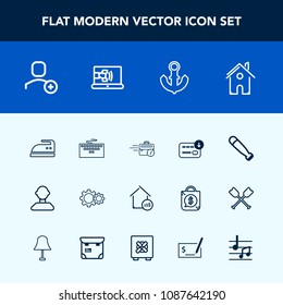 Modern, simple vector icon set with user, baseball, housework, sport, money, sitting, web, house, building, equipment, boat, computer, ironing, keyboard, work, anchor, delete, internet, real icons