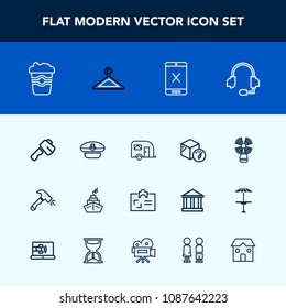 Modern, simple vector icon set with , axe, headset, tool, business, package, transportation, box, hat, technology, mug, coffee, shovel, cancel, hanger, call, cafe, identity, drink, connection icons