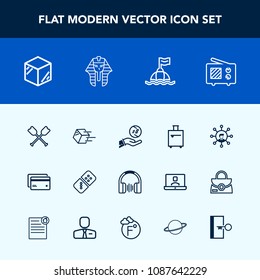 Modern, simple vector icon set with box, music, display, domino, finance, oar, buoy, antenna, debit, plastic, suitcase, wireless, transportation, safety, play, stereo, sound, luggage, travel icons