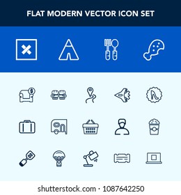 Modern, simple vector icon set with travel, location, food, transportation, plane, aircraft, meal, modern, navigation, van, fight, baggage, closed, interior, fast, competition, road, sign, frame icons