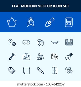 Modern, simple vector icon set with player, envelope, drink, highway, equipment, left, skateboard, audio, tea, kitchen, post, money, sign, door, web, construction, hot, play, house, fahrenheit icons