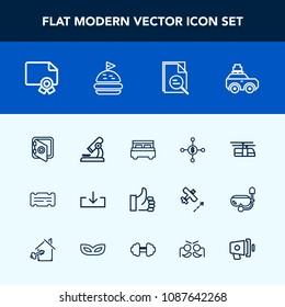 Modern, simple vector icon set with double, sign, ticket, hand, entertainment, sky, download, safety, web, transportation, microscope, finance, dollar, safe, science, money, train, bedroom, bank icons