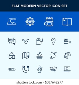 Modern, simple vector icon set with world, tomato, danger, musical, clothes, pin, helicopter, travel, safety, aviation, emergency, domestic, modern, ironing, rucksack, jazz, kitchen, location icons