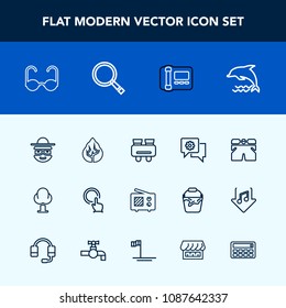 Modern, simple vector icon set with office, finger, fashion, landscape, shorts, antenna, glasses, technology, sunglasses, forest, calculator, sun, white, environment, mobile, happy, wear, signal icons
