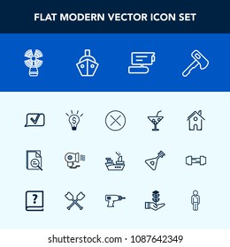 Modern, simple vector icon set with electric, close, communication, estate, record, travel, seamark, drink, boy, screwdriver, hammer, cocktail, vessel, construction, architecture, lighthouse, tv icons