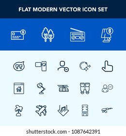 Modern, simple vector icon set with property, sky, click, sound, landscape, pointer, speech, music, message, transportation, light, video, nature, rail, night, delete, electricity, account, blue icons