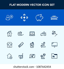 Modern, Simple Vector Icon Set With Summer, Estate, Laptop, Screen, Drink, Transport, Electrical, Lorry, Truck, Ocean, Architecture, Tape, Finance, Sea, Building, Boat, Shipping, Airplane, Saw Icons