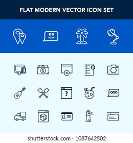 Modern, simple vector icon set with lens, paddle, delivery, money, cash, road, box, water, sound, location, technology, music, shopping, map, boat, internet, sign, interior, package, card, cargo icons