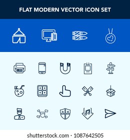 Modern, simple vector icon set with mobile, fashion, nature, cocktail, travel, field, pointer, shopping, camp, magnetic, printer, love, gun, credit, way, glass, military, drink, bank, tent, card icons